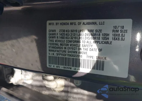 2019 Honda Ridgeline Rtl-E from USA, damaged, VIN 5FPYK3F78KB022018